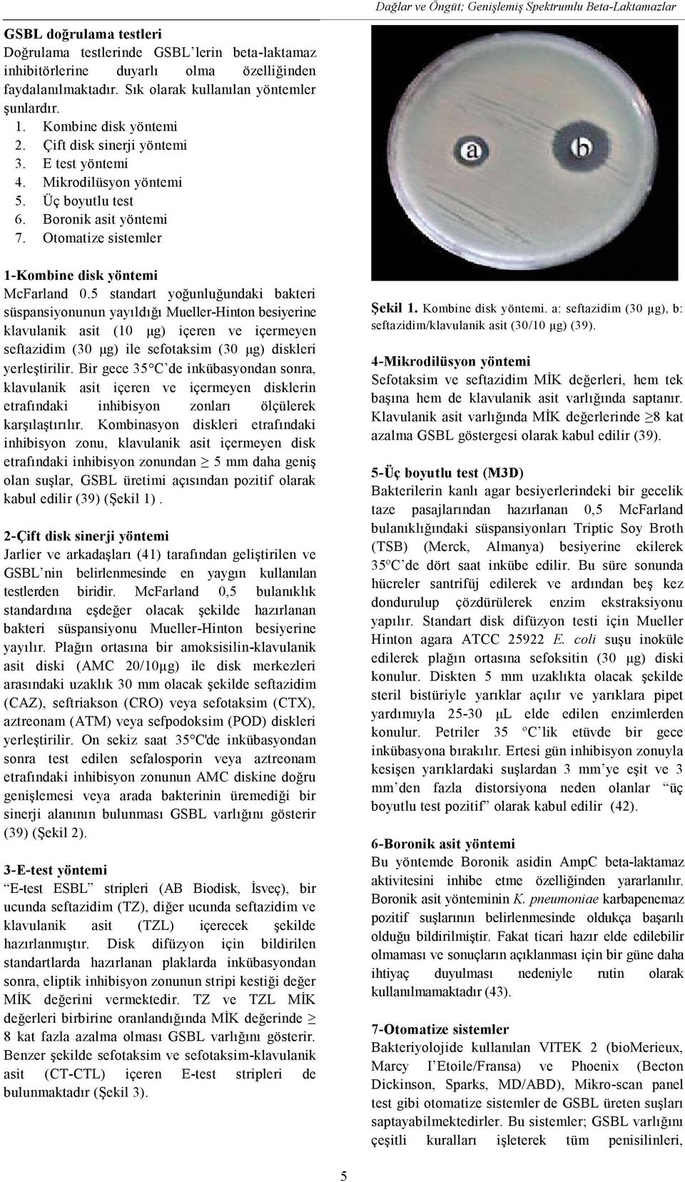 5 standart yoğunluğundaki bakteri süspansiyonunun yayıldığı Mueller-Hinton besiyerine klavulanik asit (10 μg) içeren ve içermeyen seftazidim (30 μg) ile sefotaksim (30 μg) diskleri yerleştirilir.