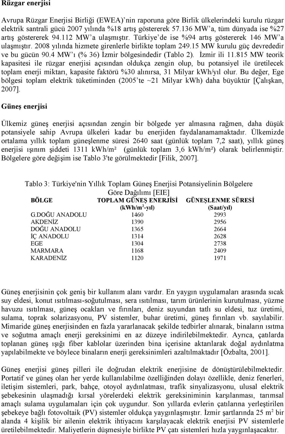 15 MW kurulu güç devrededir ve bu gücün 90.4 MW ı (% 36) İzmir bölgesindedir (Tablo 2). İzmir ili 11.