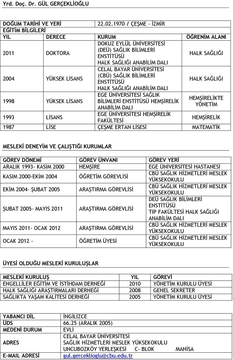 CELAL BAYAR ÜNİVERSİTESİ (CBÜ) SAĞLIK BİLİMLERİ ENSTİTÜSÜ HALK SAĞLIĞI HALK SAĞLIĞI ANABİLİM DALI 1998 YÜKSEK LİSANS EGE ÜNİVERSİTESİ SAĞLIK HEMŞİRELİKTE BİLİMLERİ ENSTİTÜSÜ HEMŞİRELİK YÖNETİM