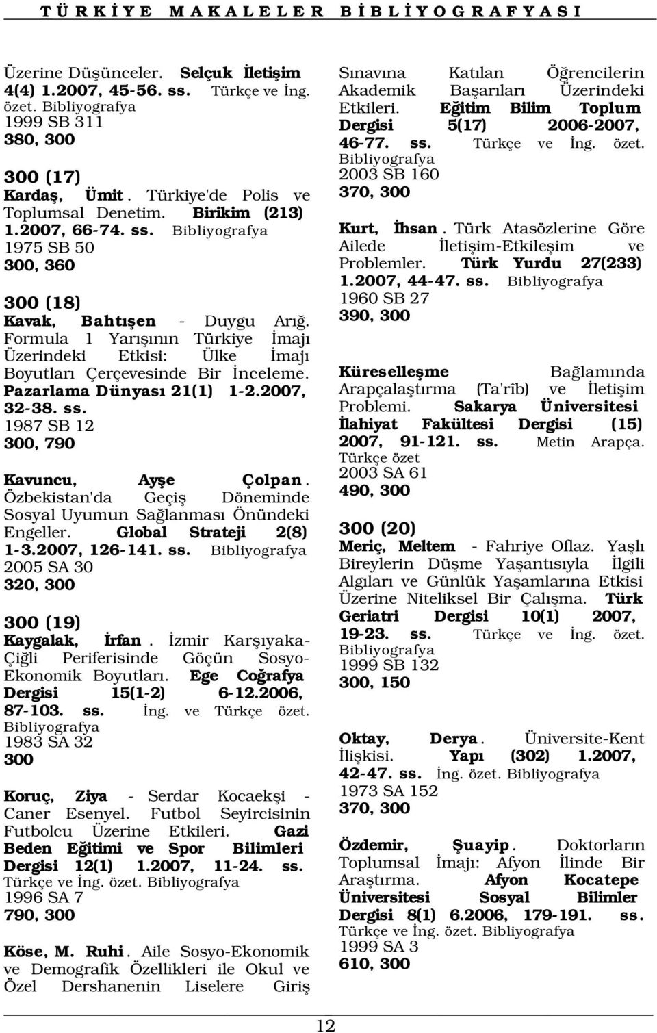 Türk Atasözlerine Göre 1975 SB 50 Ailede letiflim-etkileflim ve 300, 360 Problemler. Türk Yurdu 27(233) 1.2007, 44-47. ss. 300 (18) Kavak, Baht flen - Duygu Ar.