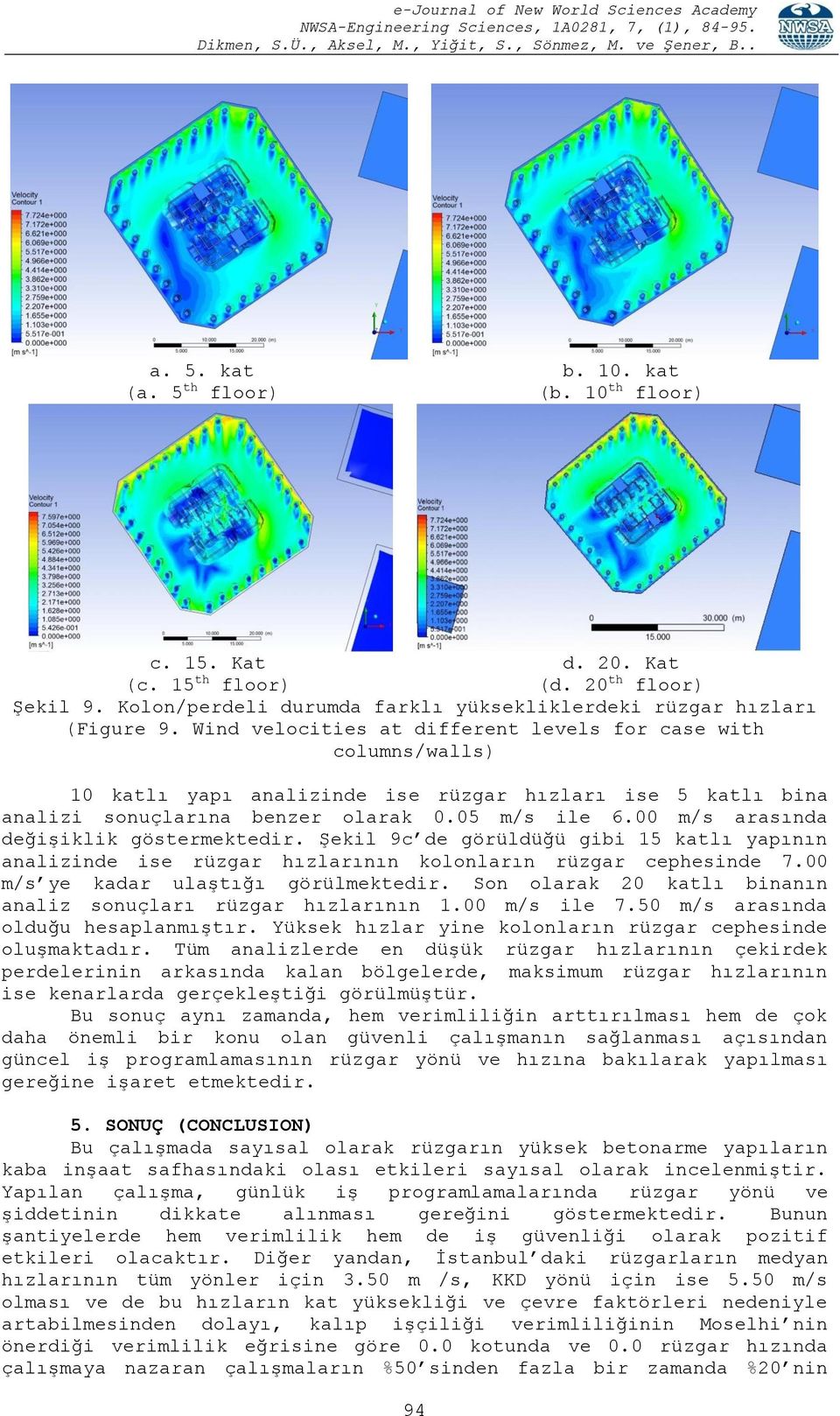 00 m/s arasında değişiklik göstermektedir. Şekil 9c de görüldüğü gibi 15 katlı yapının analizinde ise rüzgar hızlarının kolonların rüzgar cephesinde 7.00 m/s ye kadar ulaştığı görülmektedir.