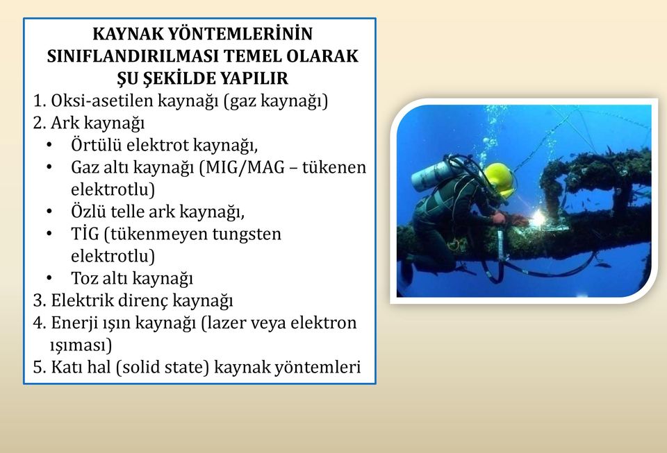 Ark kaynağı Örtülü elektrot kaynağı, Gaz altı kaynağı (MIG/MAG tükenen elektrotlu) Özlü telle ark