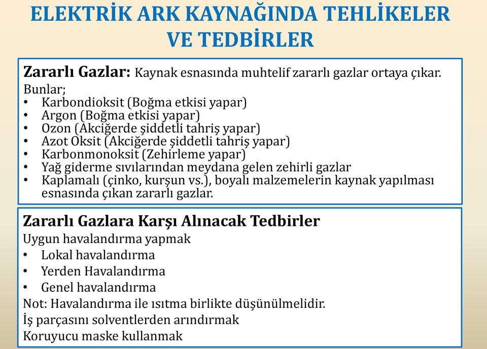 (Zehirleme yapar) Yağ giderme sıvılarından meydana gelen zehirli gazlar Kaplamalı (çinko, kurşun vs.), boyalı malzemelerin kaynak yapılması esnasında çıkan zararlı gazlar.