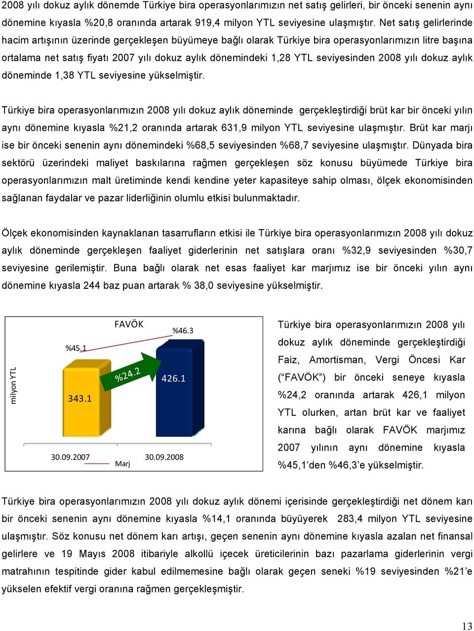 seviyesinden 2008 yılı dokuz aylık döneminde 1,38 YTL seviyesine yükselmiştir.