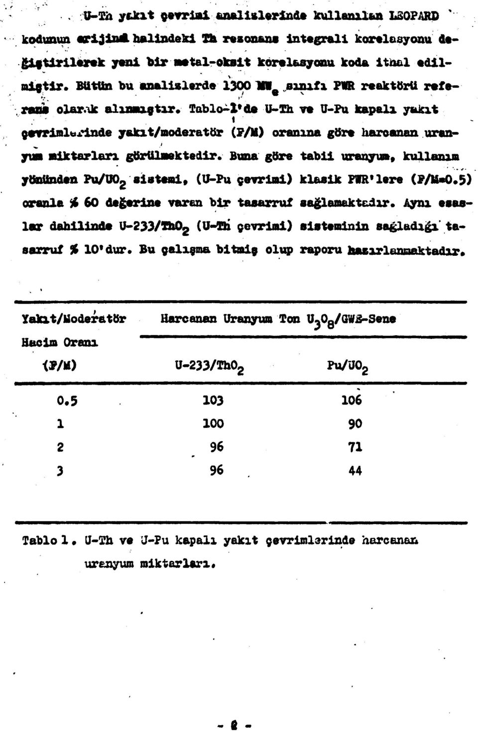 Tablo-l»de ü-th ve ü*-pu kapalı yakıt çerrimluj:inde yekıt/moderatbr (P/M) oranına göre harcanan uranyi» Miktarları görülmektedir.