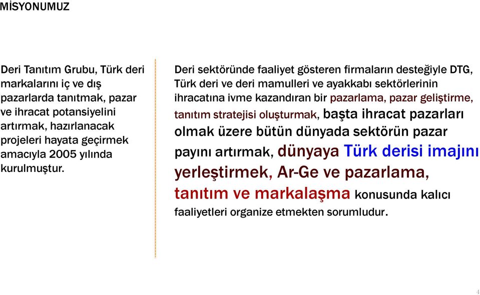 Deri sektöründe faaliyet gösteren firmaların desteğiyle DTG, Türk deri ve deri mamulleri ve ayakkabı sektörlerinin ihracatına ivme kazandıran bir pazarlama,