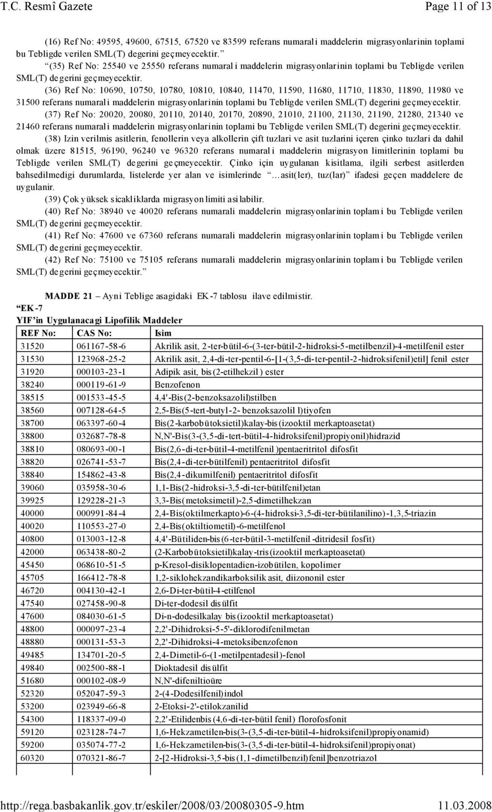 (36) Ref No: 10690, 10750, 10780, 10810, 10840, 11470, 11590, 11680, 11710, 11830, 11890, 11980 ve 31500 referans numarali maddelerin migrasyonlarinin toplami bu Tebligde verilen SML(T) degerini