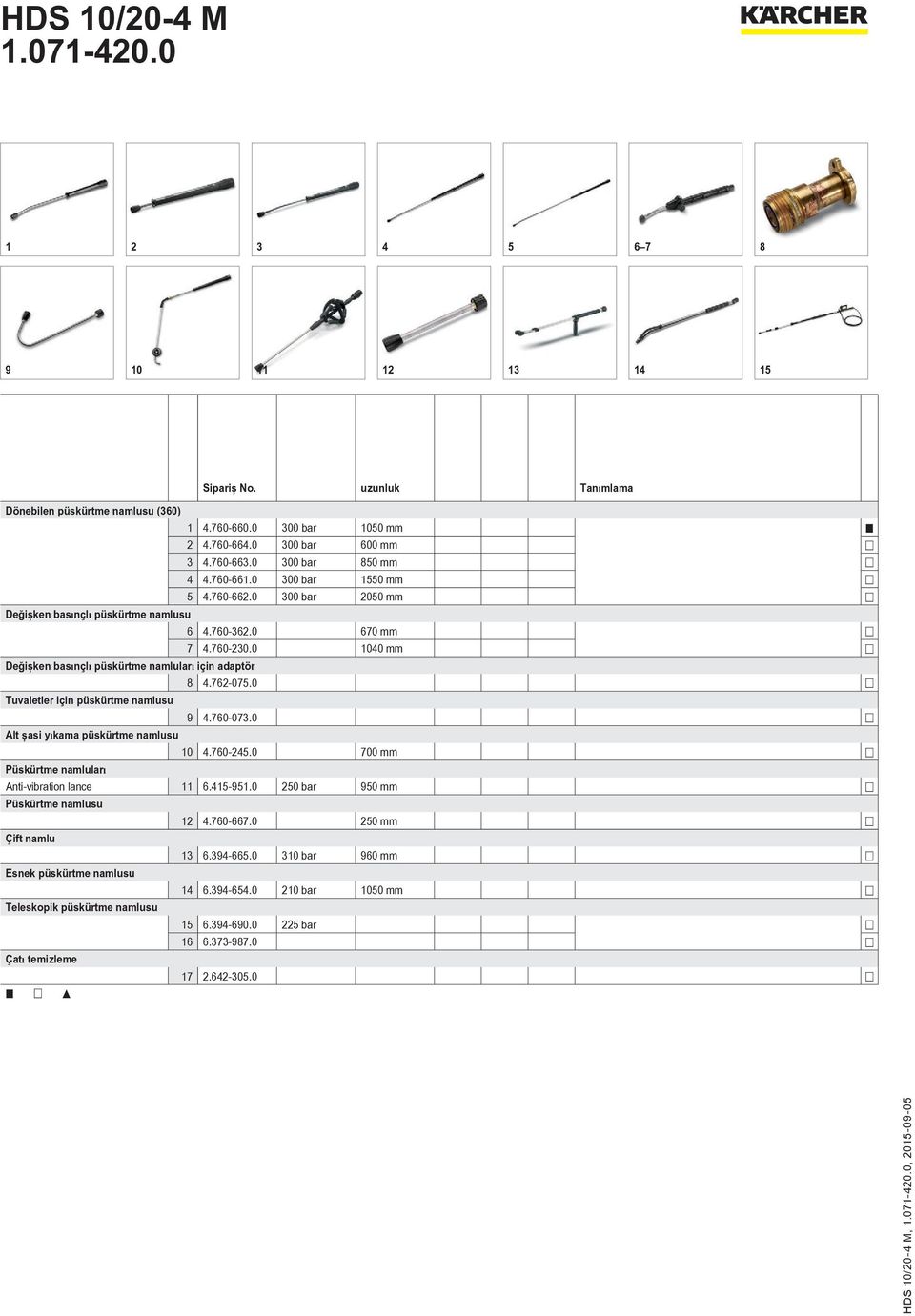 0 Tuvaletler için püskürtme namlusu 9 4.760-073.0 Alt şasi yıkama püskürtme namlusu 10 4.760-245.0 700 mm Püskürtme namluları Anti-vibration lance 11 6.415-951.0 250 bar 950 mm Püskürtme namlusu 12 4.