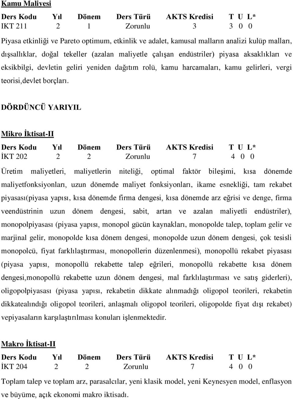 DÖRDÜNCÜ YARIYIL Mikro İktisat-II İKT 202 2 2 Zorunlu 7 4 0 0 Üretim maliyetleri, maliyetlerin niteliği, optimal faktör bileşimi, kısa dönemde maliyetfonksiyonları, uzun dönemde maliyet