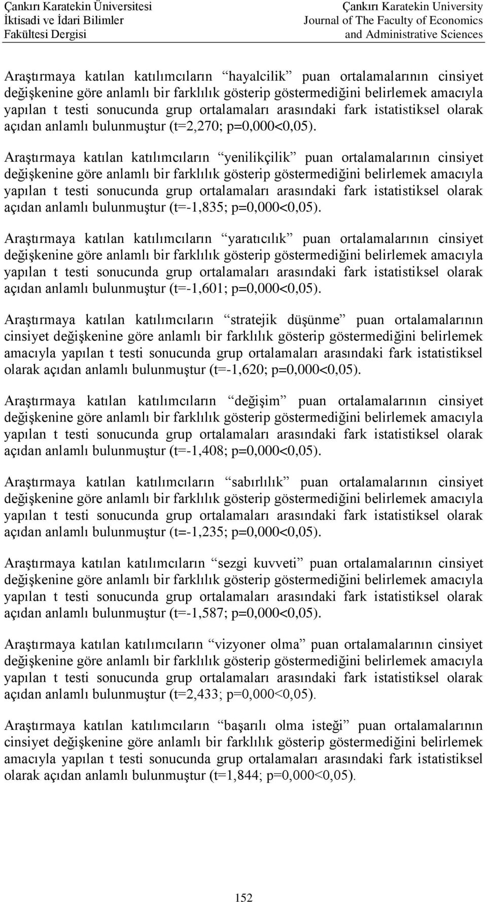 Araştırmaya katılan katılımcıların yaratıcılık puan ortalamalarının cinsiyet açıdan anlamlı bulunmuştur (t=-1,601; p=0,000<0,05).