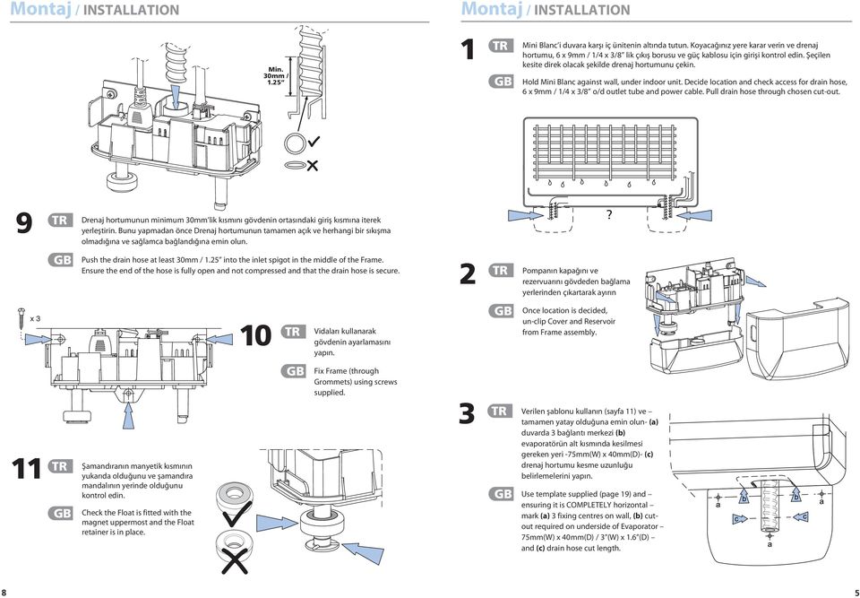 Hold Mini Blanc against wall, under indoor unit. Decide location and check access for drain hose, 6 x 9mm / / x /8 o/d outlet tube and power cable. Pull drain hose through chosen cut-out.