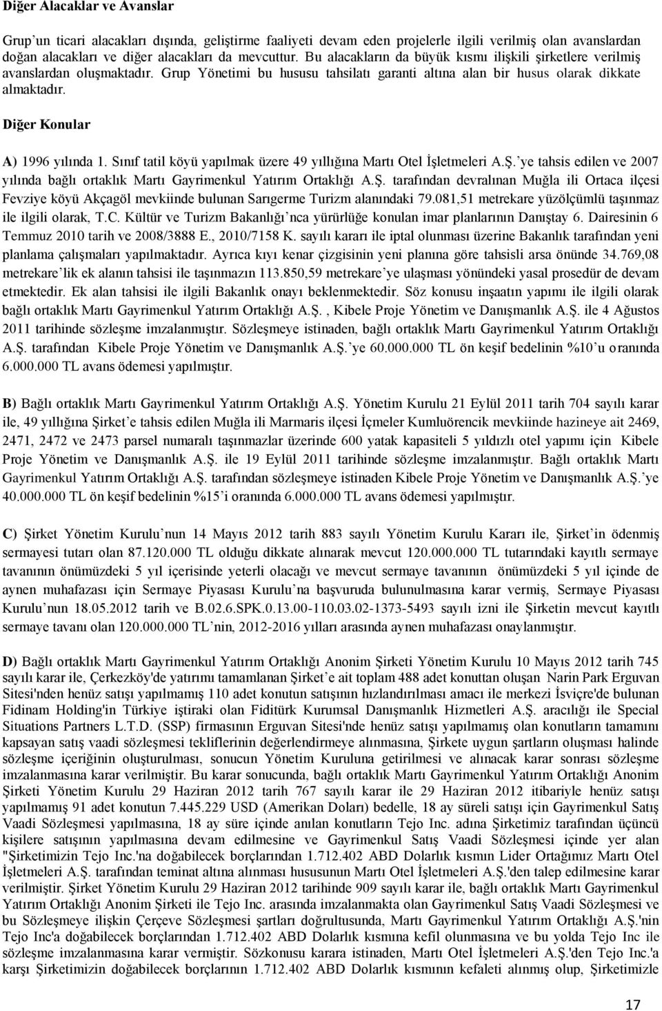 Diğer Konular A) 1996 yılında 1. Sınıf tatil köyü yapılmak üzere 49 yıllığına Martı Otel İşletmeleri A.Ş.