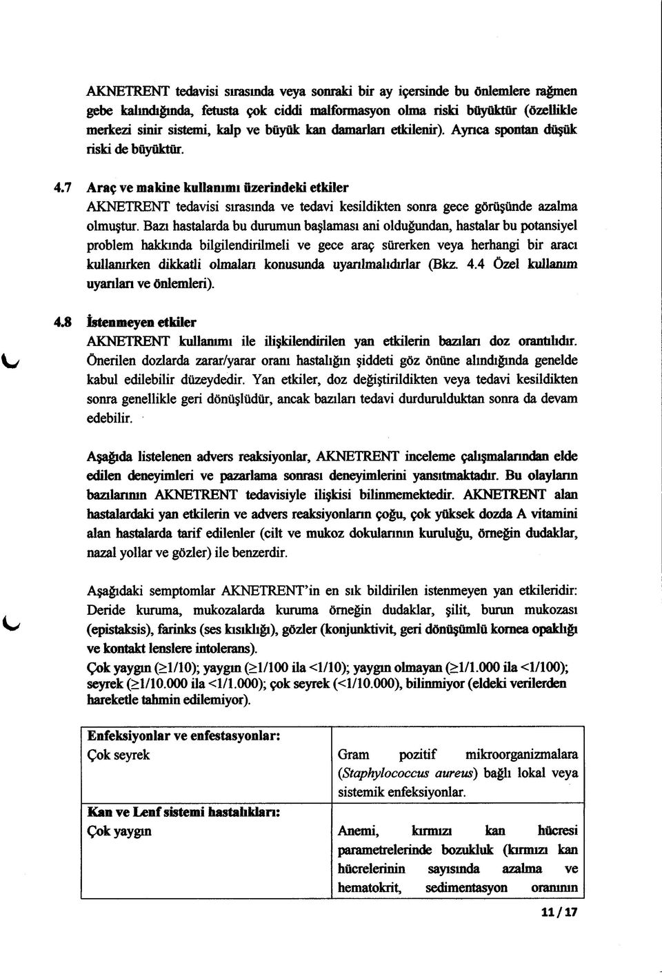 7 A raç ve makine kullanımı üzerindeki etkiler AKNETRENT tedavisi sırasında ve tedavi kesildikten sonra gece görüşünde azalma olmuştur.