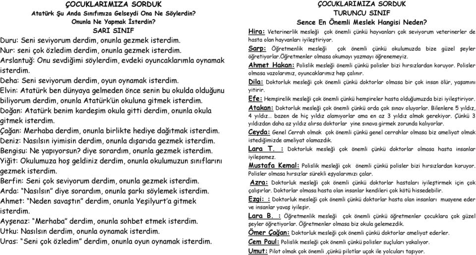 Elvin: Atatürk ben dünyaya gelmeden önce senin bu okulda olduğunu biliyorum derdim, onunla Atatürk ün okuluna gitmek isterdim.