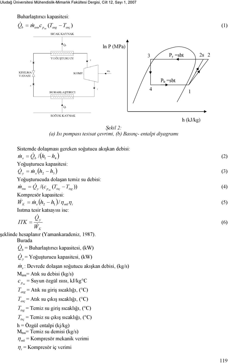 ) (3) Yoğuşturucuda dolaşan temiz su debisi: m& tsu = Q & y /( c p ( Ttsç Ttsg )) (4) su Kompresör kapasitesi: W& K = m& s ( h2 h1 )/η mkηi (5) Isıtma tesir katsayısı ise: Q& y ITK = (6) W& K