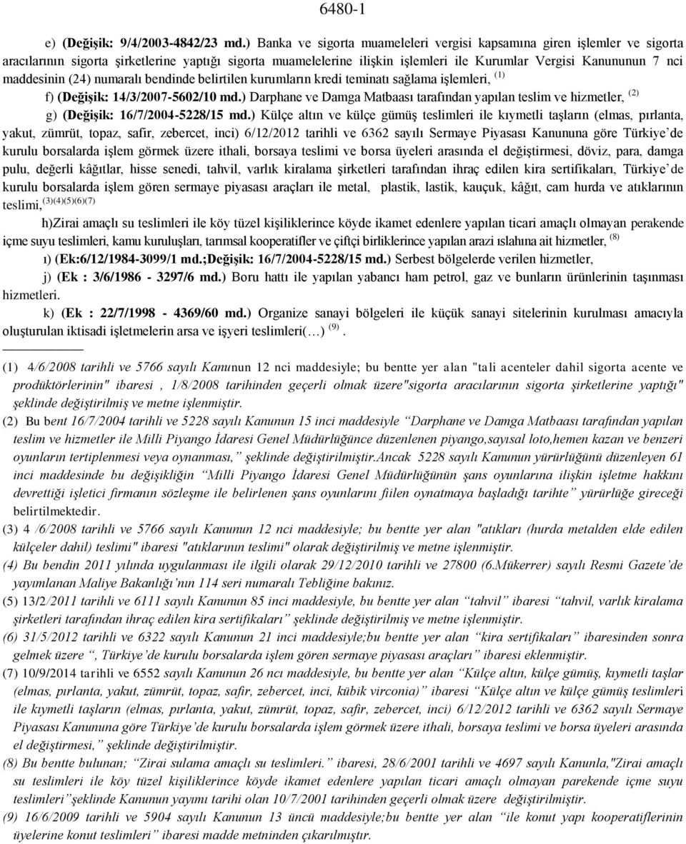 maddesinin (24) numaralı bendinde belirtilen kurumların kredi teminatı sağlama işlemleri, (1) f) (Değişik: 14/3/2007-5602/10 md.