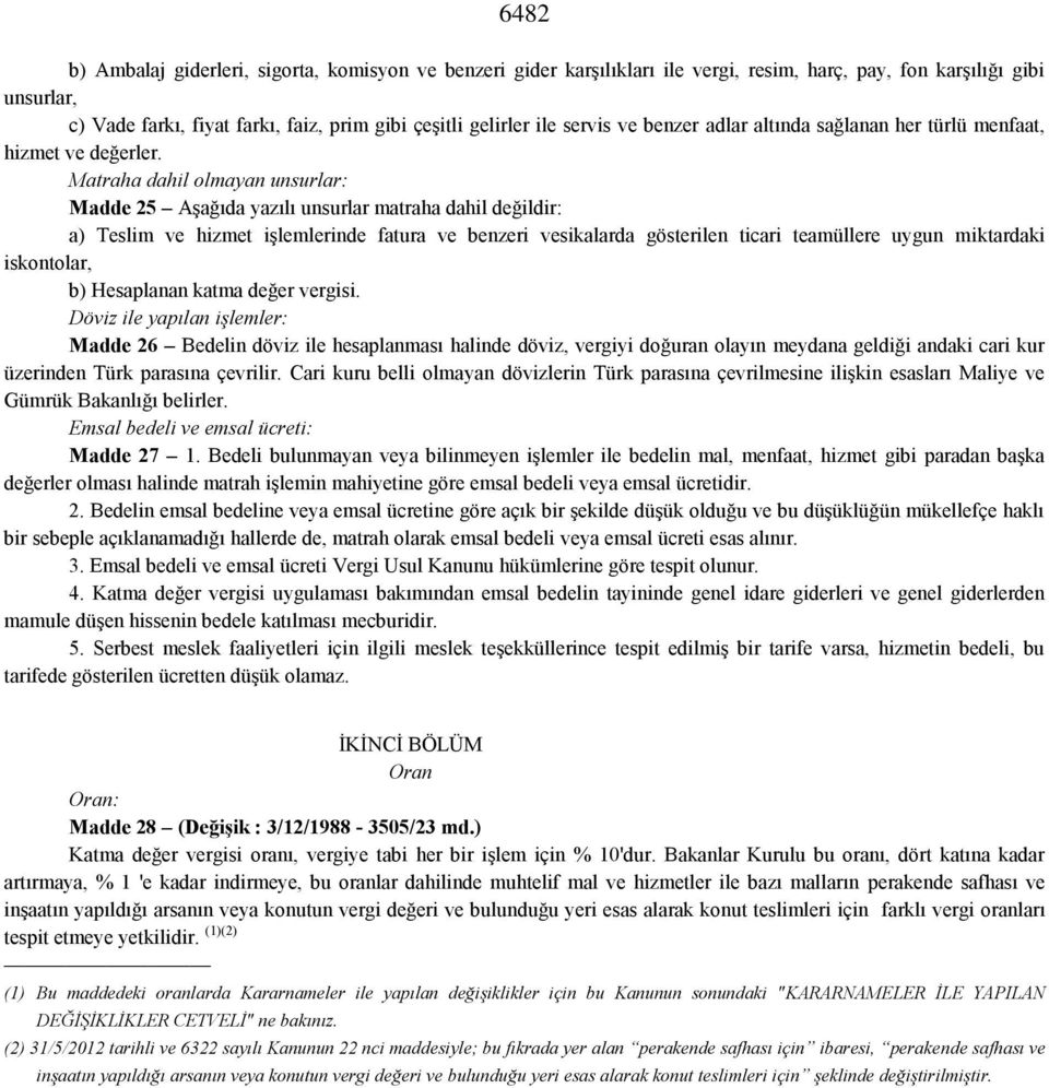 Matraha dahil olmayan unsurlar: Madde 25 Aşağıda yazılı unsurlar matraha dahil değildir: a) Teslim ve hizmet işlemlerinde fatura ve benzeri vesikalarda gösterilen ticari teamüllere uygun miktardaki