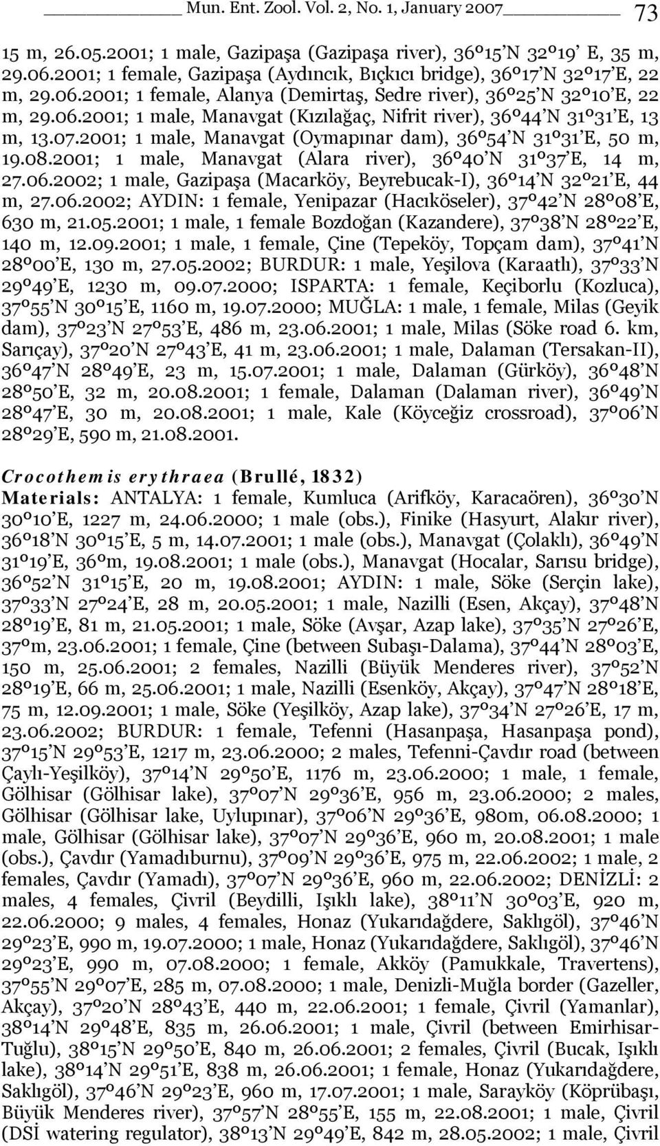 07.2001; 1 male, Manavgat (Oymapınar dam), 36º54 N 31º31 E, 50 m, 19.08.2001; 1 male, Manavgat (Alara river), 36º40 N 31º37 E, 14 m, 27.06.