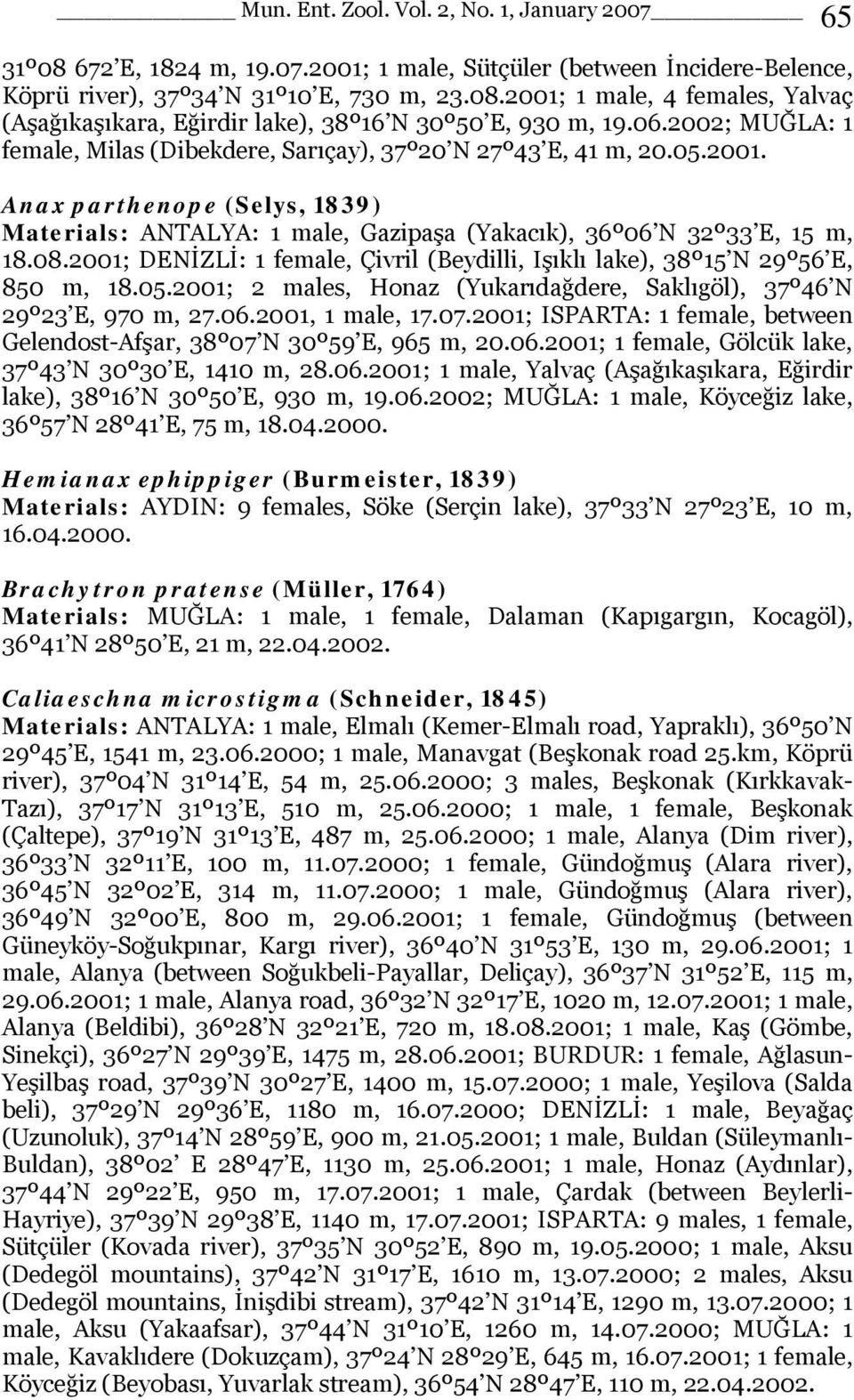 2001; DENİZLİ: 1 female, Çivril (Beydilli, Işıklı lake), 38º15 N 29º56 E, 850 m, 18.05.2001; 2 males, Honaz (Yukarıdağdere, Saklıgöl), 37º46 N 29º23 E, 970 m, 27.06.2001, 1 male, 17.07.