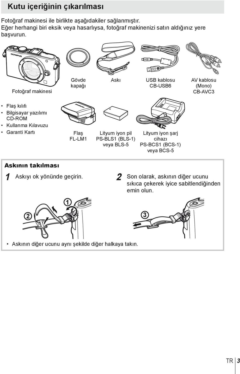 Fotoğraf makinesi Gövde kapağı Askı USB kablosu CB-USB6 AV kablosu (Mono) CB-AVC3 Flaş kılıfı Bilgisayar yazılımı CD-ROM Kullanma Kılavuzu Garanti Kartı Flaş