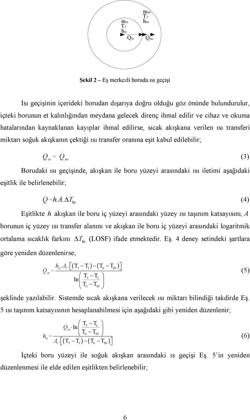 edilebilir; Q = Q (3) sı so Borudaki ısı geçişinde, akışkan ile boru yüzeyi arasındaki ısı iletimi aşağıdaki eşitlik ile belirlenebilir; Q=hA ΔT (4) ln Eşitlikte h akışkan ile boru iç yüzeyi