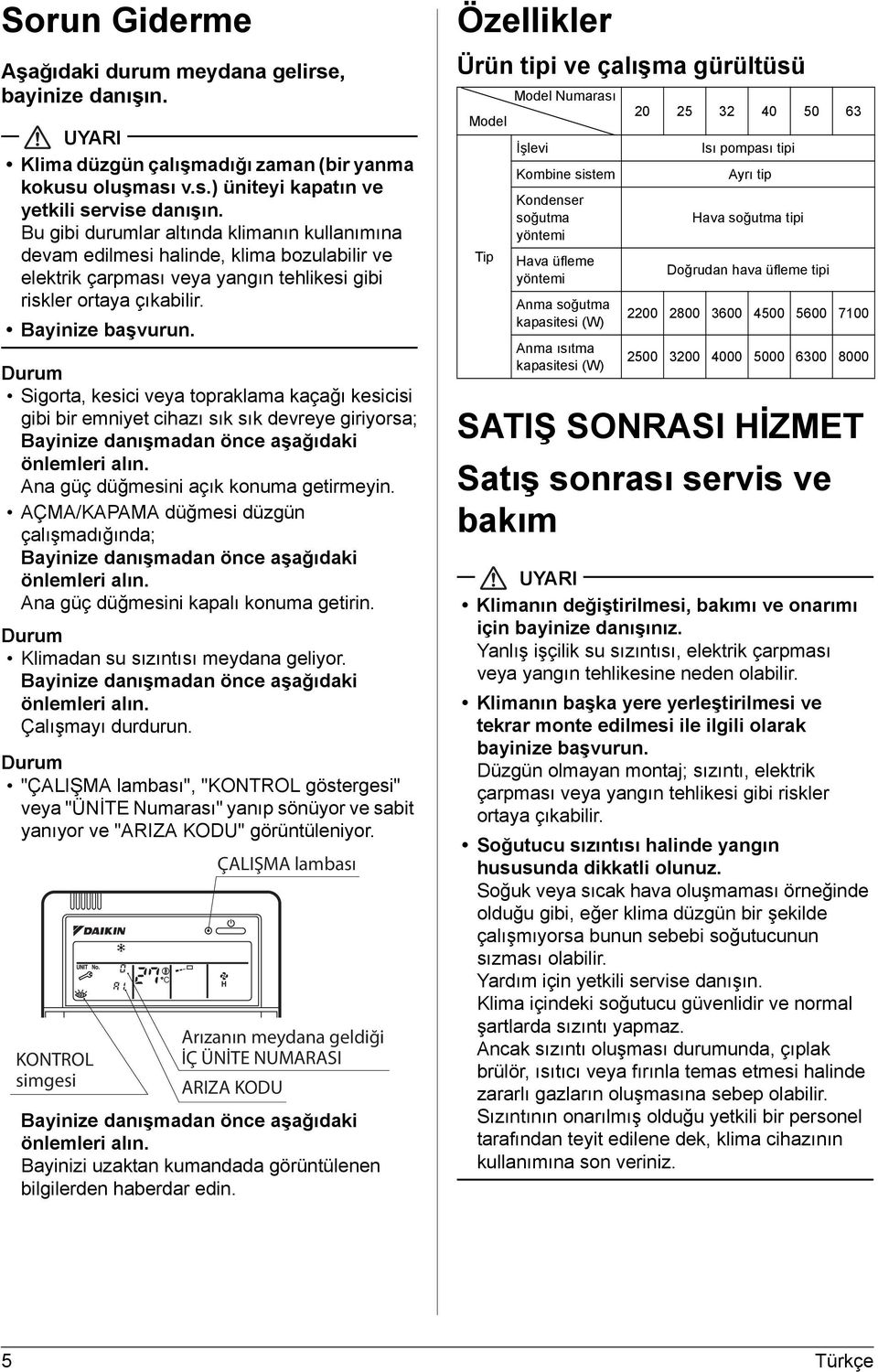 Durum Sigorta, kesici veya topraklama kaçağı kesicisi gibi bir emniyet cihazı sık sık devreye giriyorsa; Bayinize danışmadan önce aşağıdaki önlemleri alın. Ana güç düğmesini açık konuma getirmeyin.