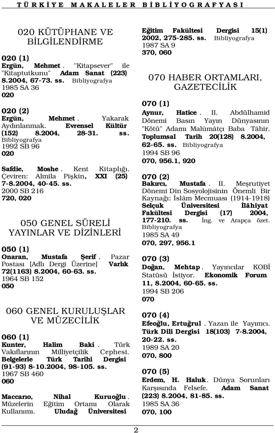 2004, 1992 SB 96 62-65. ss. 020 Safdie, Moshe. Kent Kitapl. Çeviren: Almila Piflkin, XXI (25) 7-8.2004, 40-45. ss. 2000 SB 216 720, 020 1994 SB 96 070, 956.