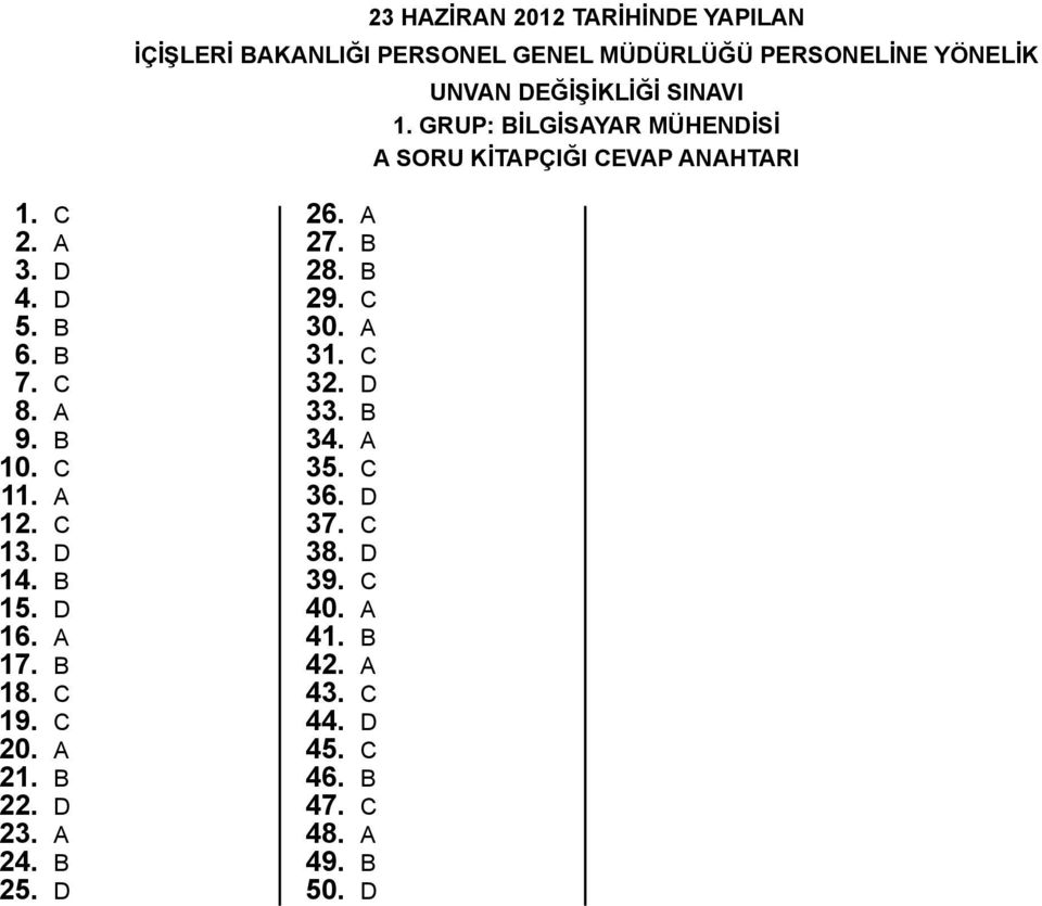 C 11. A 12. C 13. D 14. B 15. D 16. A 17. B 18. C 19. C 20. A 21. B 22. D 23. A 24. B 25. D 26. A 27. B 28. B 29. C 30.