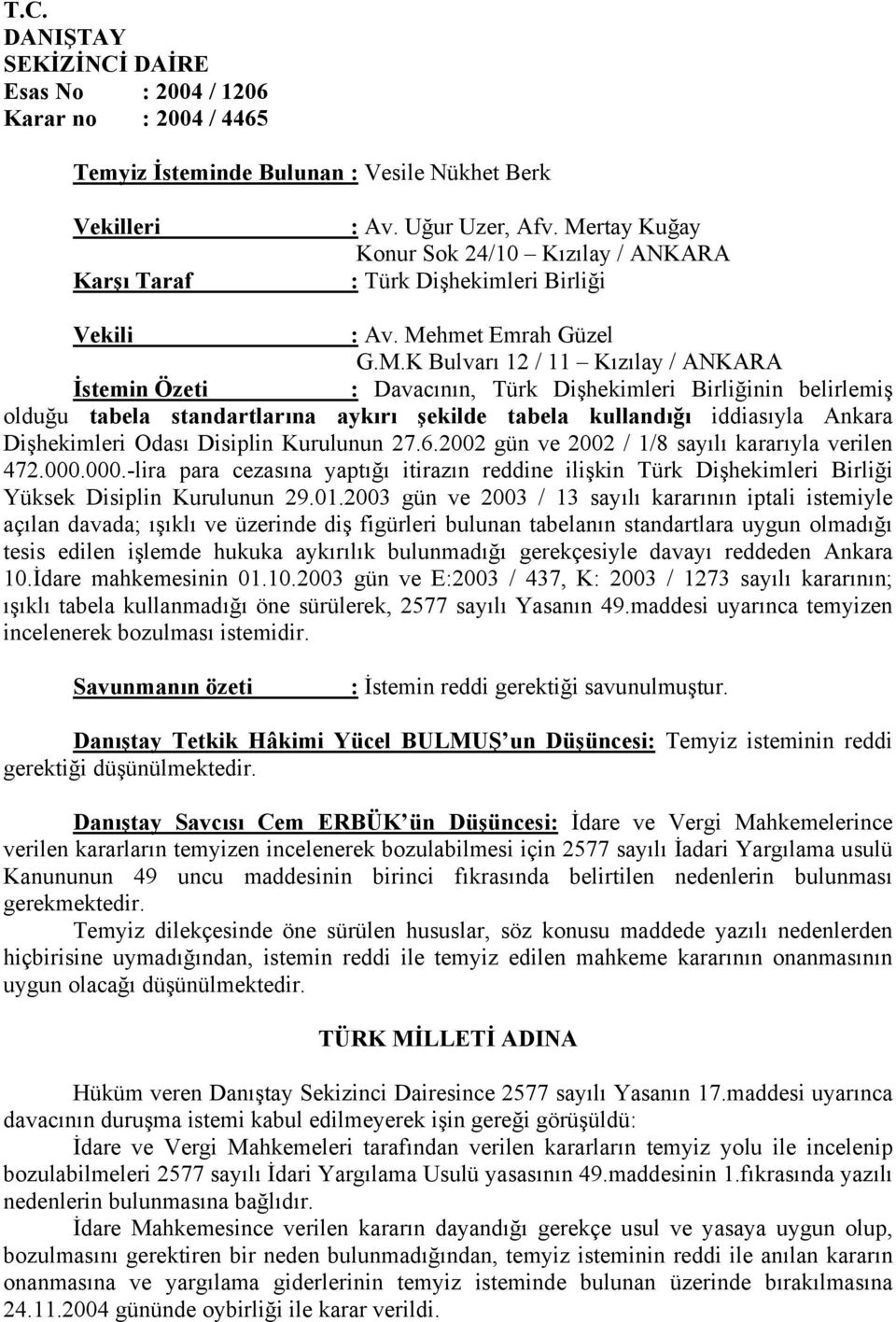 Birliğinin belirlemiş olduğu tabela standartlarına aykırı şekilde tabela kullandığı iddiasıyla Ankara Dişhekimleri Odası Disiplin Kurulunun 27.6.2002 gün ve 2002 / 1/8 sayılı kararıyla verilen 472.