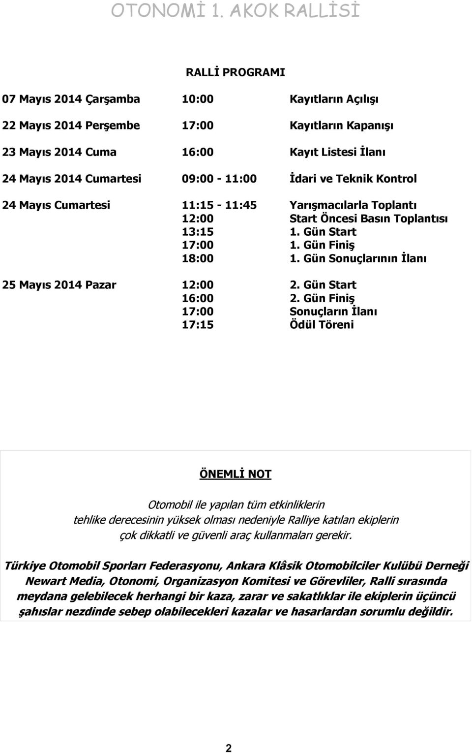 Gün Sonuçlarının İlanı 25 Mayıs 2014 Pazar 12:00 2. Gün Start 16:00 2.