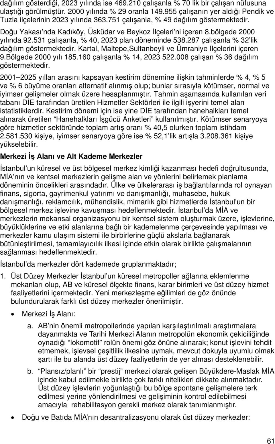 bölgede 2000 yılında 92.531 çalışanla, % 40, 2023 plan döneminde 538.287 çalışanla % 32 lik dağılım göstermektedir. Kartal, Maltepe,Sultanbeyli ve Ümraniye İlçelerini içeren 9.Bölgede 2000 yılı 185.