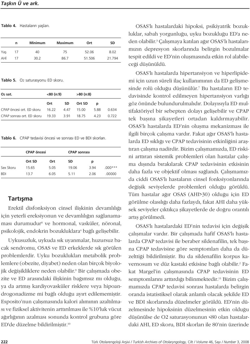 CPAP öncesi CPAP sonras Ort SD Ort SD p Sex Skoru 15.65 5.05 19.06 