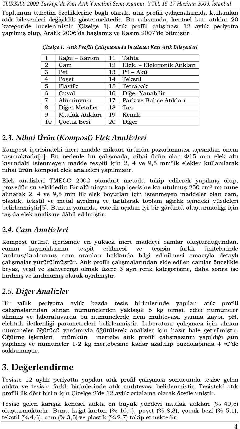 Çizelge 1. Atık Profili Çalışmasında İncelenen Katı Atık Bileşenleri 1 Kağıt Karton 11 Tahta 2 Cam 12 Elek.