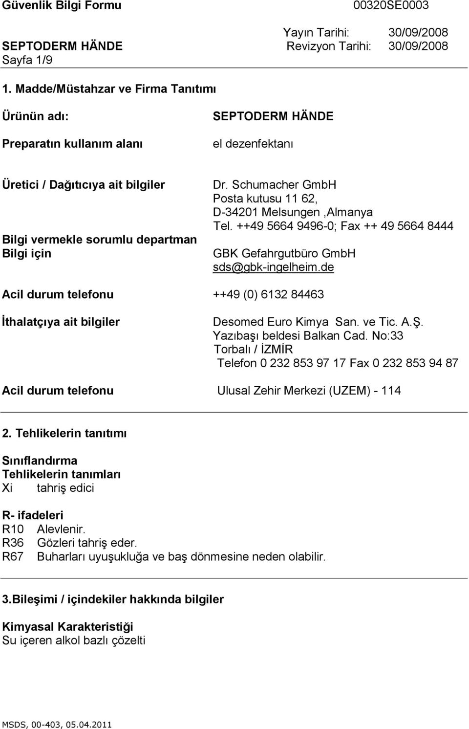 de Acil durum telefonu ++49 (0) 6132 84463 Đthalatçıya ait bilgiler Desomed Euro Kimya San. ve Tic. A.Ş. Yazıbaşı beldesi Balkan Cad.