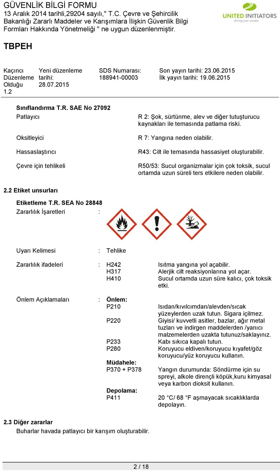 2 Etiket unsurları Etiketleme T.R. SEA No 28848 Zararlılık İşaretleri : Uyarı Kelimesi : Tehlike Zararlılık ifadeleri : H242 Isıtma yangına yol açabilir. H317 Alerjik cilt reaksiyonlarına yol açar.