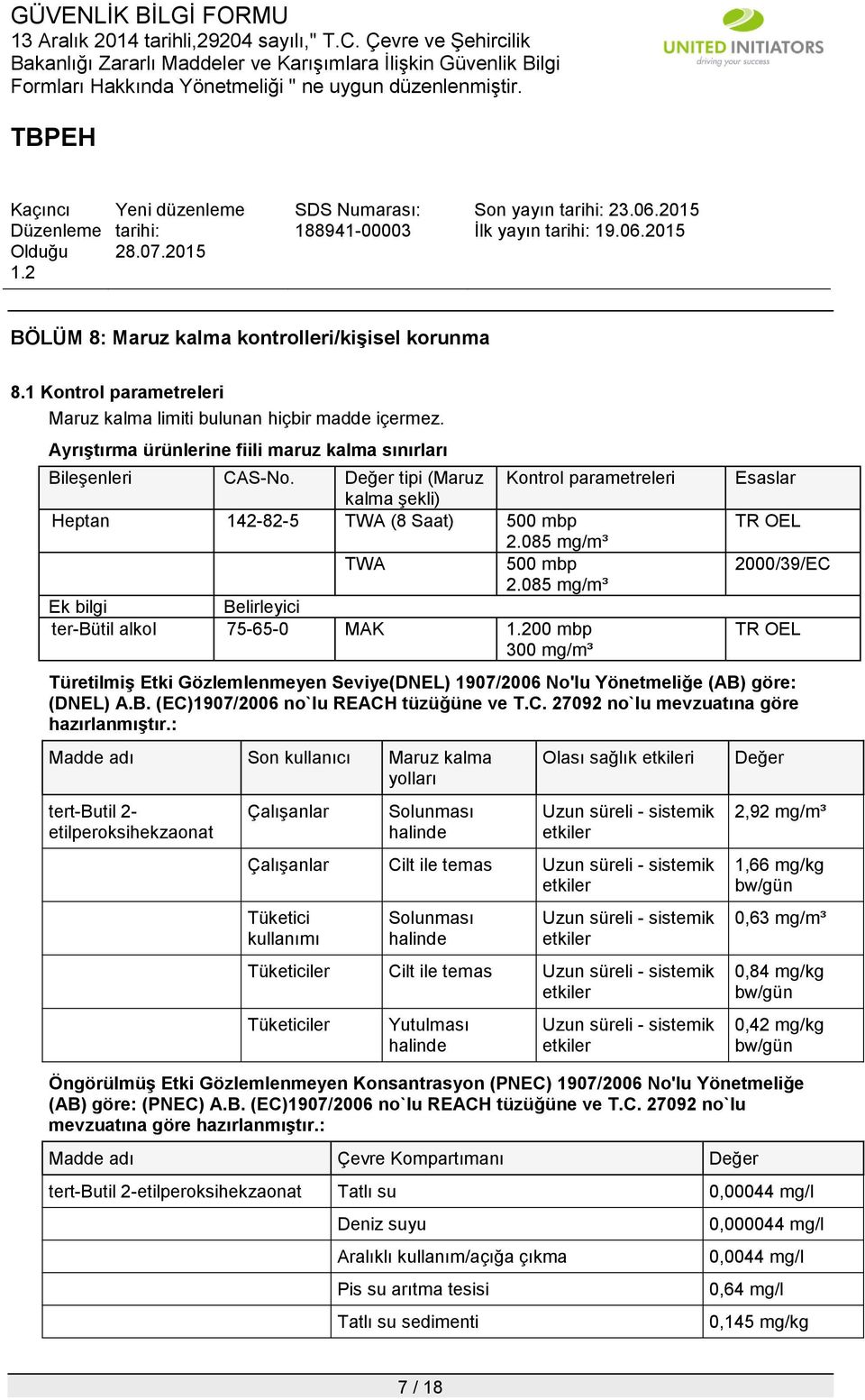 085 mg/m³ Ek bilgi Belirleyici ter-bütil alkol 75-65-0 MAK 00 mbp 300 mg/m³ Esaslar TR OEL 2000/39/EC TR OEL Türetilmiş Etki Gözlemlenmeyen Seviye(DNEL) 1907/2006 No'lu Yönetmeliğe (AB) göre: (DNEL)