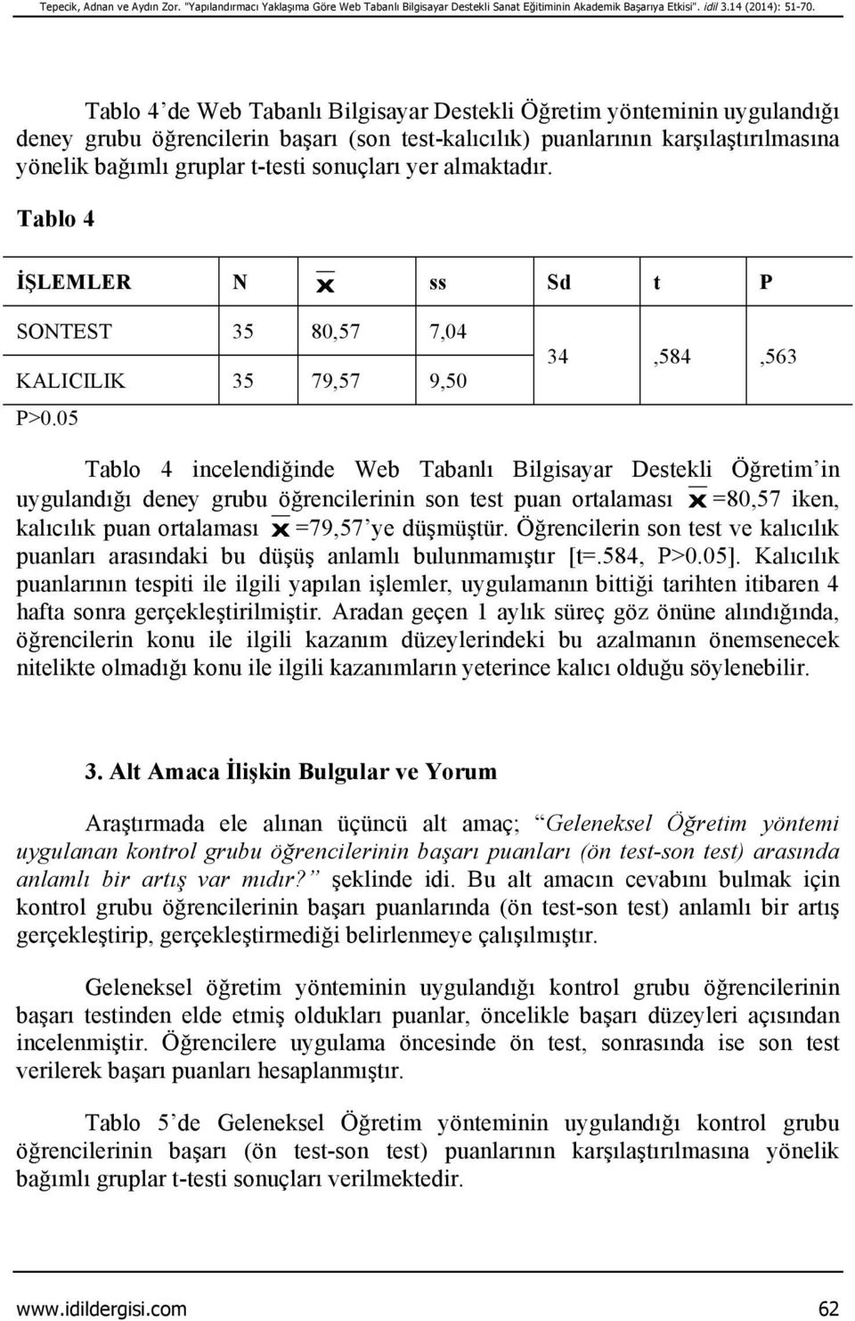 sonuçları yer almaktadır. Tablo 4 İŞLEMLER N Χ ss Sd t P SONTEST 35 80,57 7,04 KALICILIK 35 79,57 9,50 P>0.