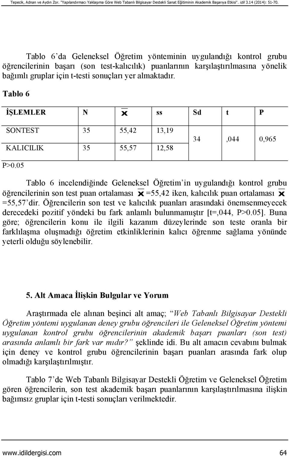 almaktadır. Tablo 6 İŞLEMLER N Χ ss Sd t P SONTEST 35 55,42 13,19 KALICILIK 35 55,57 12,58 34,044 0,965 P>0.