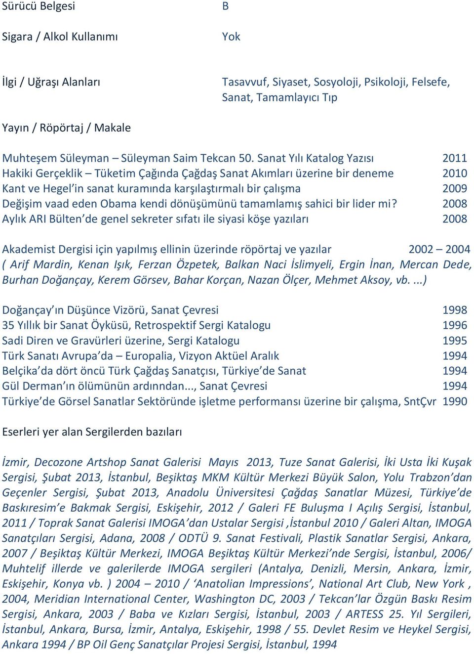 Sanat Yılı Katalog Yazısı 2011 Hakiki Gerçeklik Tüketim Çağında Çağdaş Sanat Akımları üzerine bir deneme 2010 Kant ve Hegel in sanat kuramında karşılaştırmalı bir çalışma 2009 Değişim vaad eden Obama