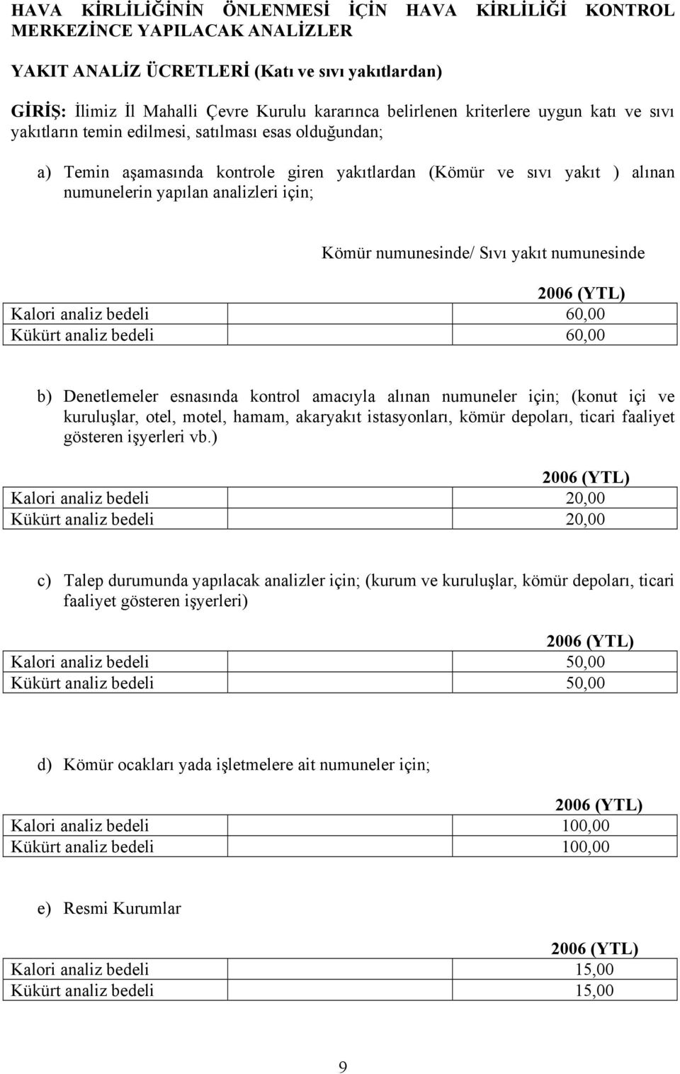 Kömür numunesinde/ Sıvı yakıt numunesinde Kalori analiz bedeli 60,00 Kükürt analiz bedeli 60,00 b) Denetlemeler esnasında kontrol amacıyla alınan numuneler için; (konut içi ve kuruluşlar, otel,