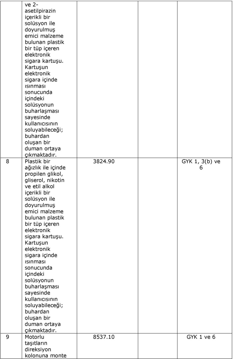 8 Plastik bir ağızlık ile içinde propilen glikol, gliserol, nikotin ve etil alkol içerikli bir solüsyon ile doyurulmuş emici malzeme bulunan plastik bir tüp içeren elektronik sigara