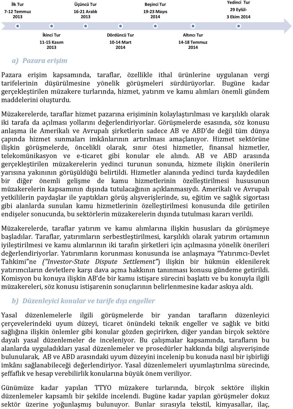 Bugüne kadar gerçekleştirilen müzakere turlarında, hizmet, yatırım ve kamu alımları önemli gündem maddelerini oluşturdu.