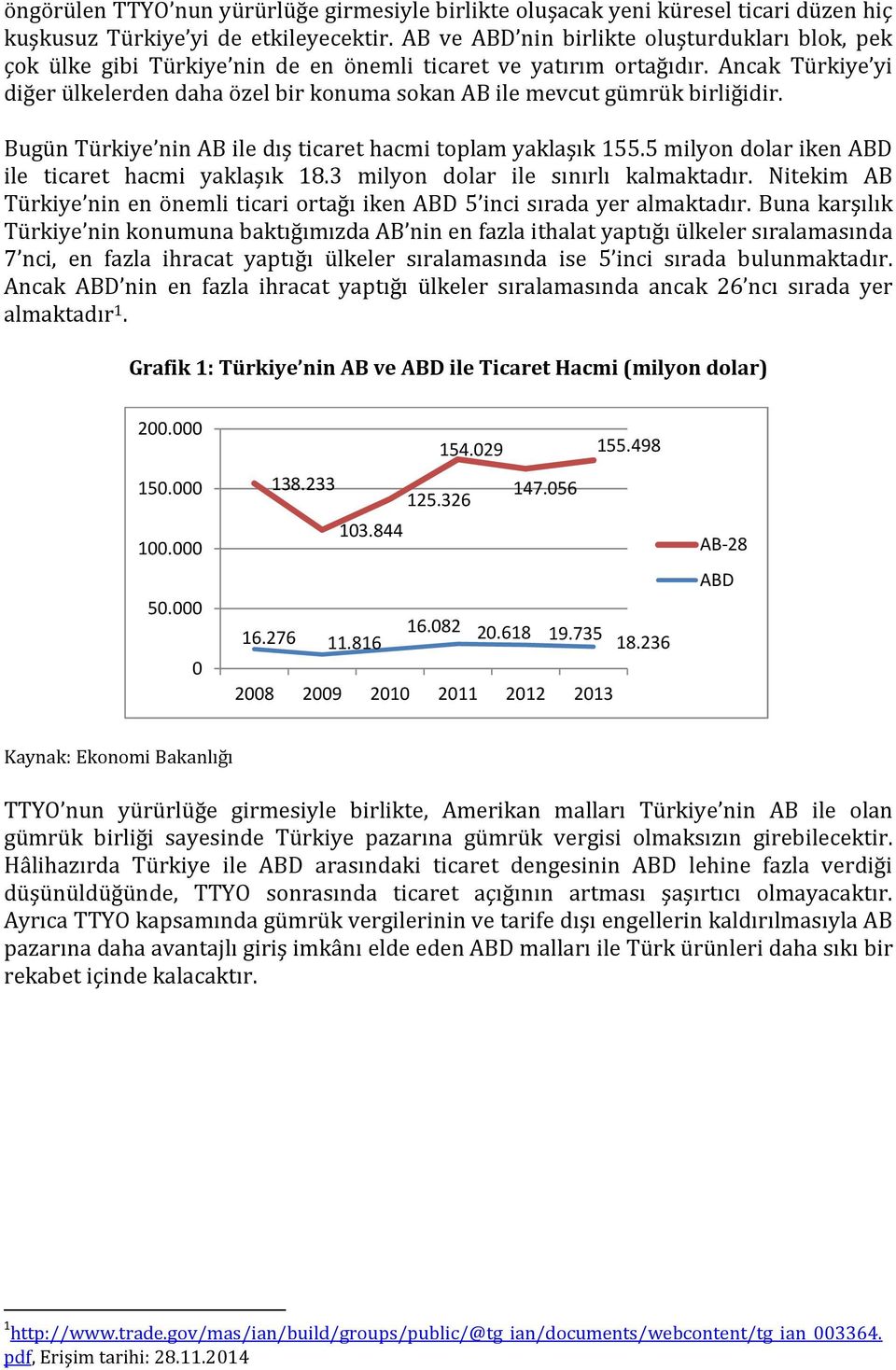 Ancak Türkiye yi diğer ülkelerden daha özel bir konuma sokan AB ile mevcut gümrük birliğidir. Bugün Türkiye nin AB ile dış ticaret hacmi toplam yaklaşık 155.