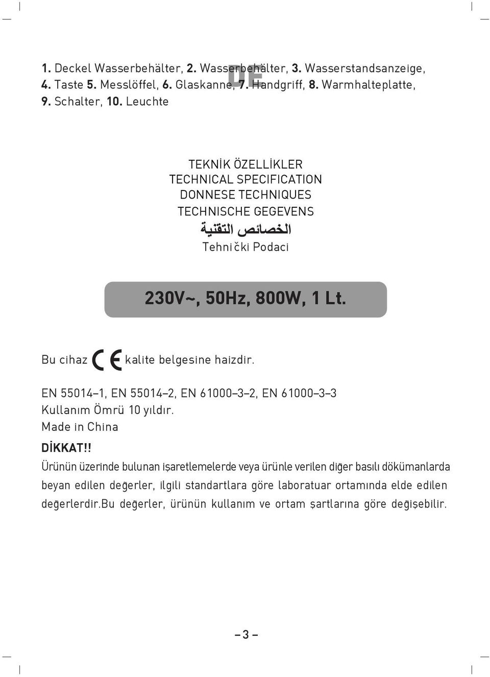 EN 55014-1, EN 55014-2, EN 61000-3-2, EN 61000-3-3 Kullanım Ömrü 10 yıldır. Made in China D KKAT!