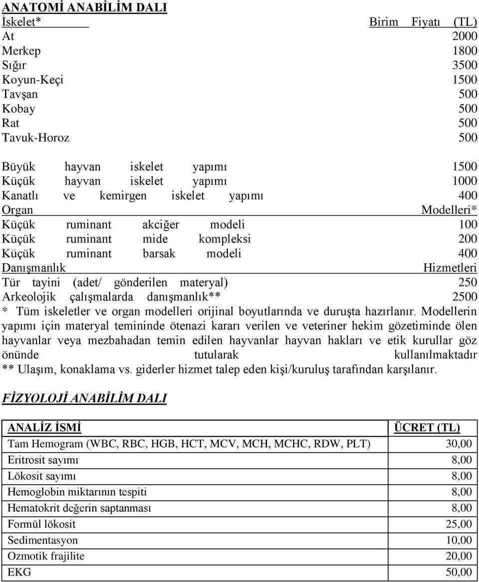 tayini (adet/ gönderilen materyal) 250 Arkeolojik çalışmalarda danışmanlık** 2500 * Tüm iskeletler ve organ modelleri orijinal boyutlarında ve duruşta hazırlanır.