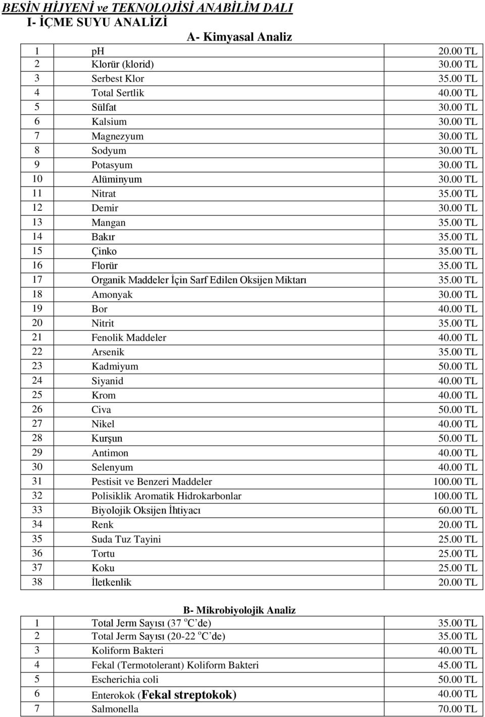 00 TL 16 Florür 35.00 TL 17 Organik Maddeler İçin Sarf Edilen Oksijen Miktarı 35.00 TL 18 Amonyak 30.00 TL 19 Bor 40.00 TL 20 Nitrit 35.00 TL 21 Fenolik Maddeler 40.00 TL 22 Arsenik 35.