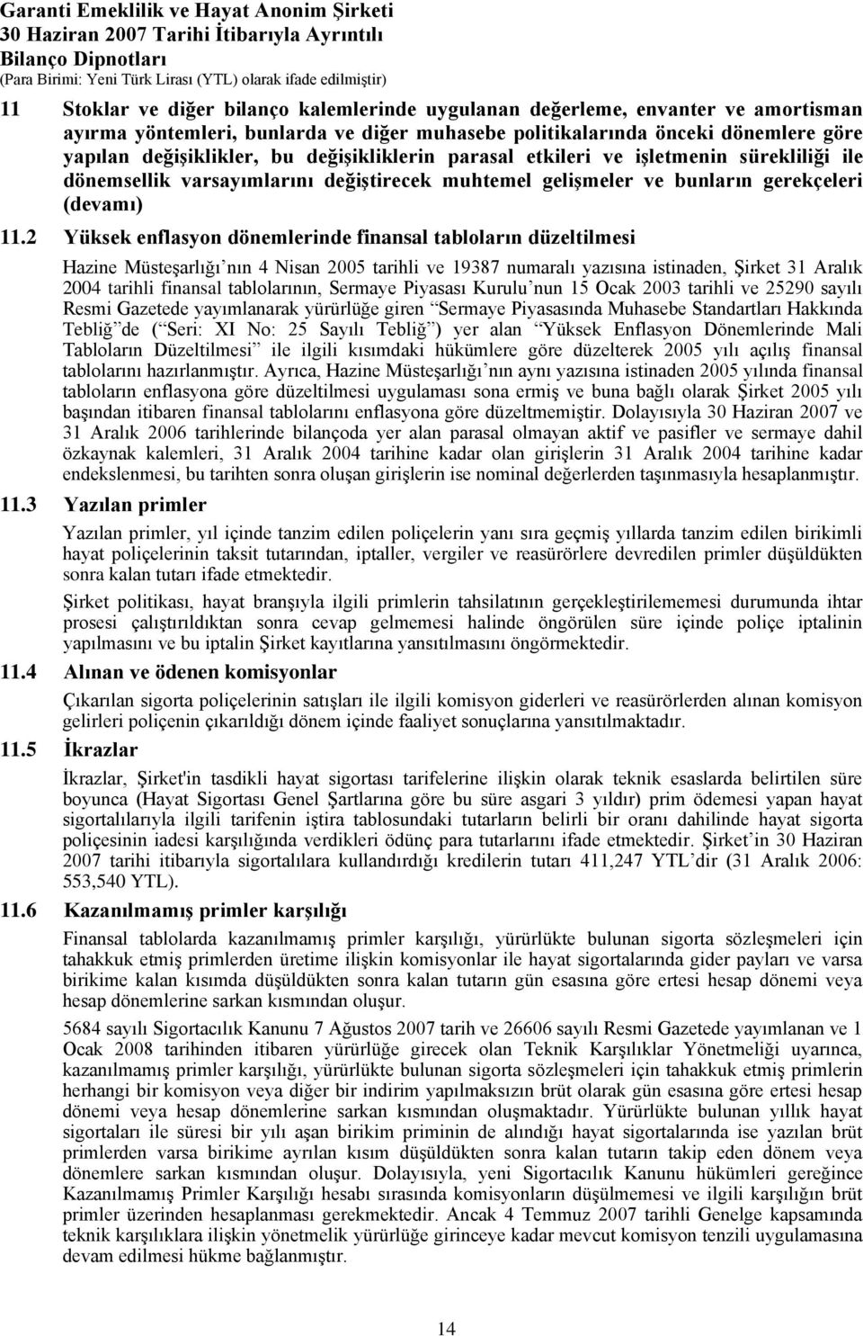 2 Yüksek enflasyon dönemlerinde finansal tabloların düzeltilmesi Hazine Müsteşarlığı nın 4 Nisan 2005 tarihli ve 19387 numaralı yazısına istinaden, Şirket 31 Aralık 2004 tarihli finansal