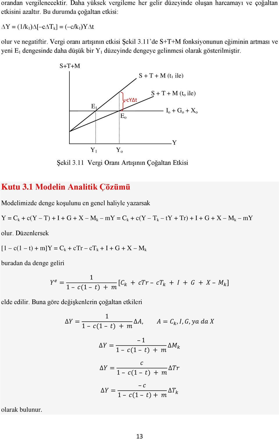 S+T+M S + T + M (t 1 ile) E 1 E o cy t S + T + M (t o ile) I o + G o + X o Y 1 Y o Y Şekil 3.11 Vergi Oranı Artışının Çoğaltan Etkisi Kutu 3.