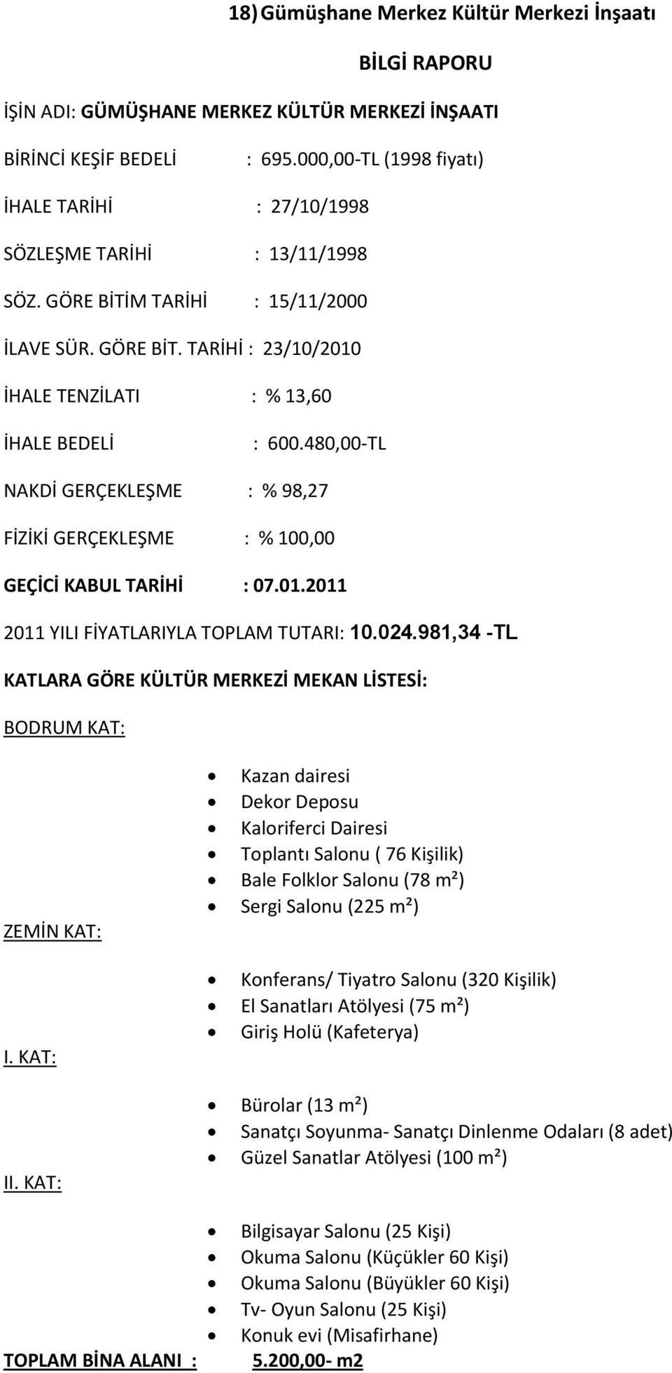 480,00-TL NAKDİ GERÇEKLEŞME : % 98,27 FİZİKİ GERÇEKLEŞME : % 100,00 GEÇİCİ KABUL TARİHİ : 07.01.2011 2011 YILI FİYATLARIYLA TOPLAM TUTARI: 10.024.