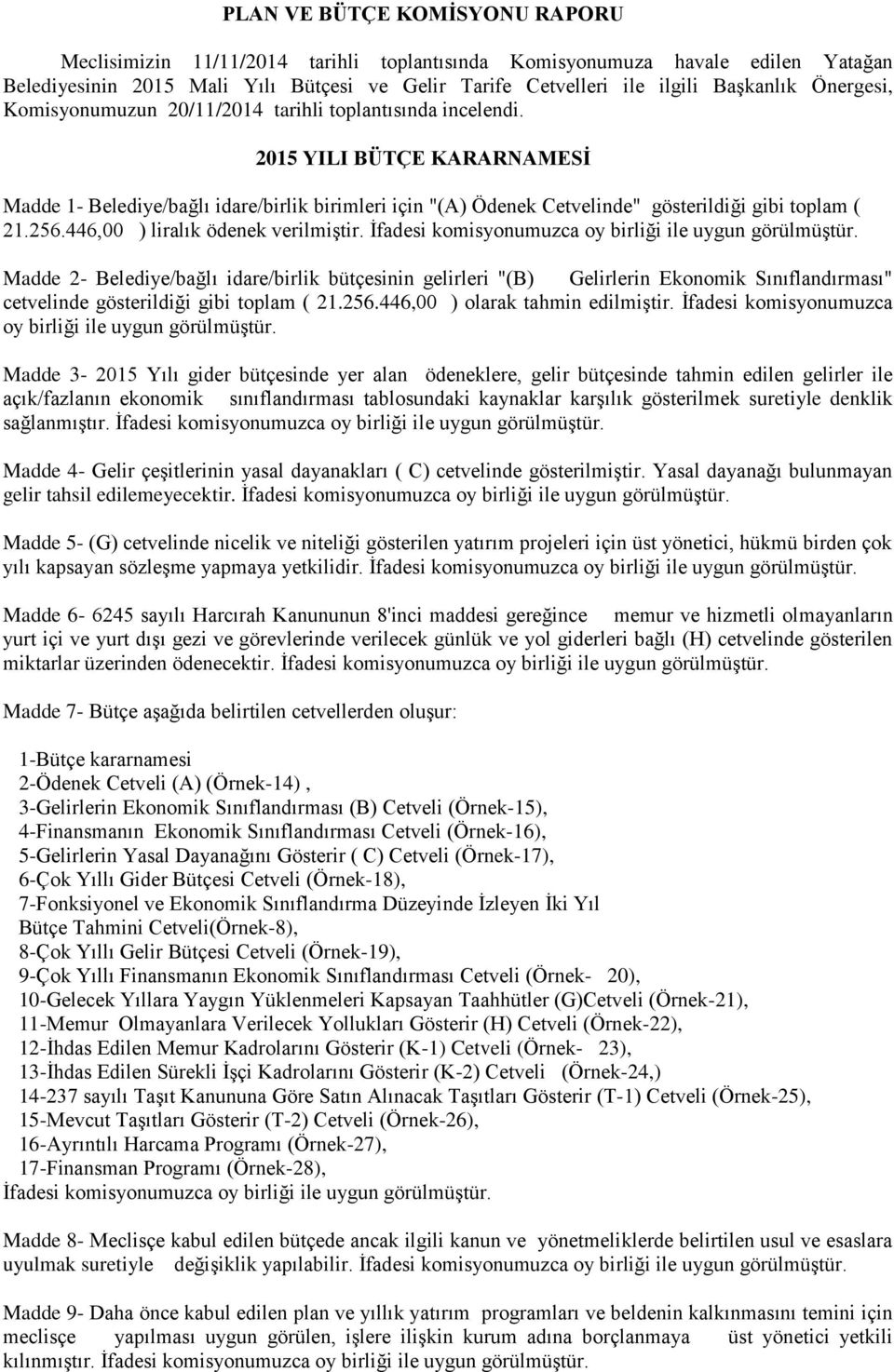 2015 YILI BÜTÇE KARARNAMESĠ Madde 1- Belediye/bağlı idare/birlik birimleri için "(A) Ödenek Cetvelinde" gösterildiği gibi toplam ( 21.256.446,00 ) liralık ödenek verilmiģtir.